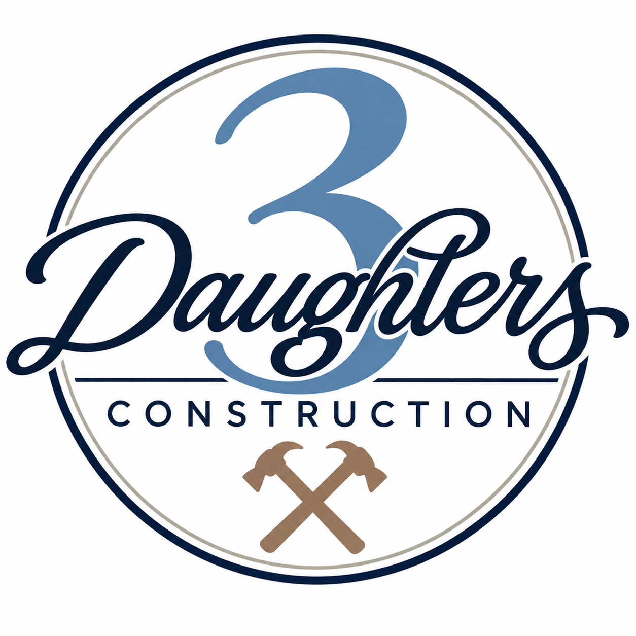 3 Daughters Construction — blue 3, navy lettering, and crossed tan hammers